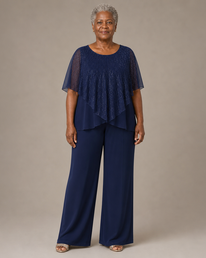 Sequin Capelet Chiffon Pant Suit with Wide-Leg Pants