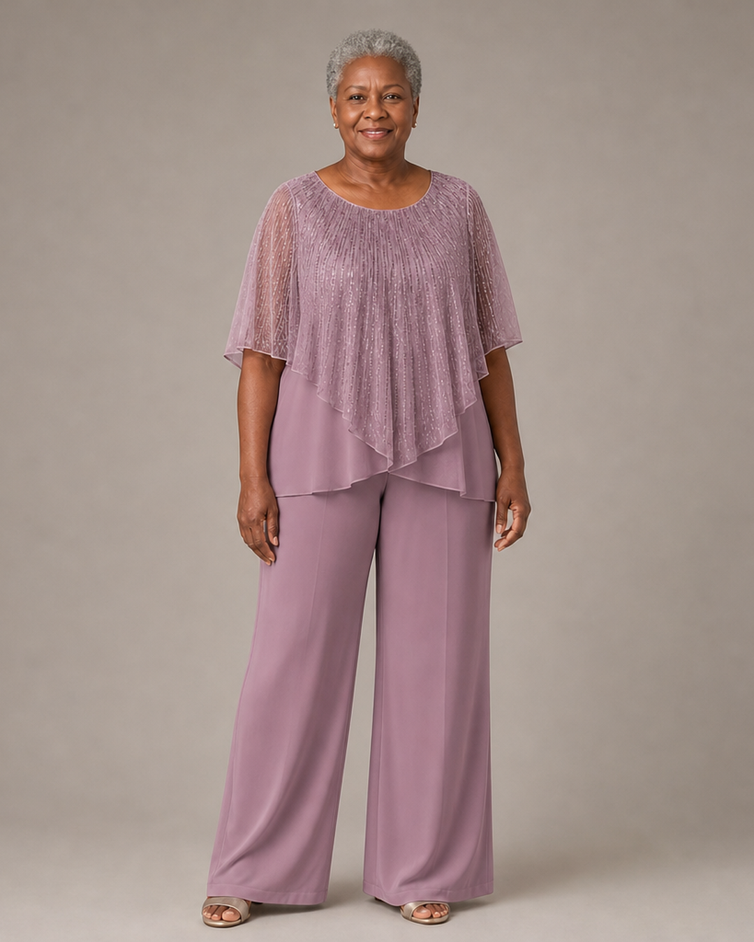 Sequin Capelet Chiffon Pant Suit with Wide-Leg Pants