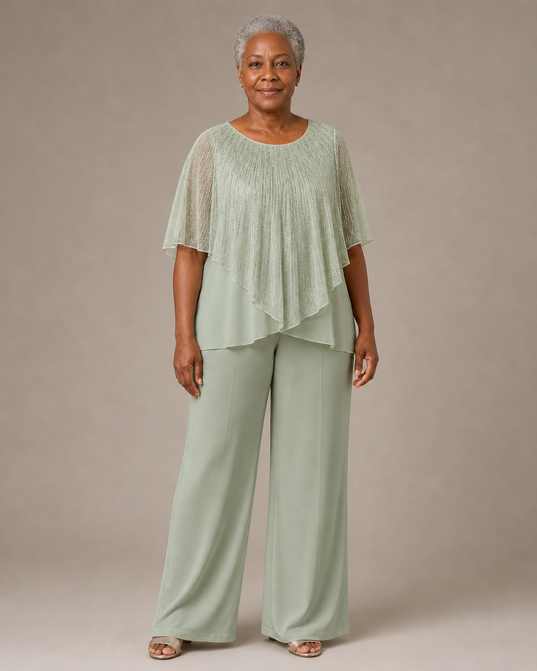 Sequin Capelet Chiffon Pant Suit with Wide-Leg Pants