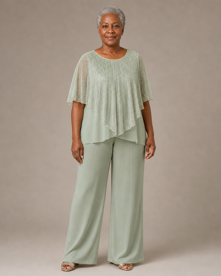 Sequin Capelet Chiffon Pant Suit with Wide-Leg Pants