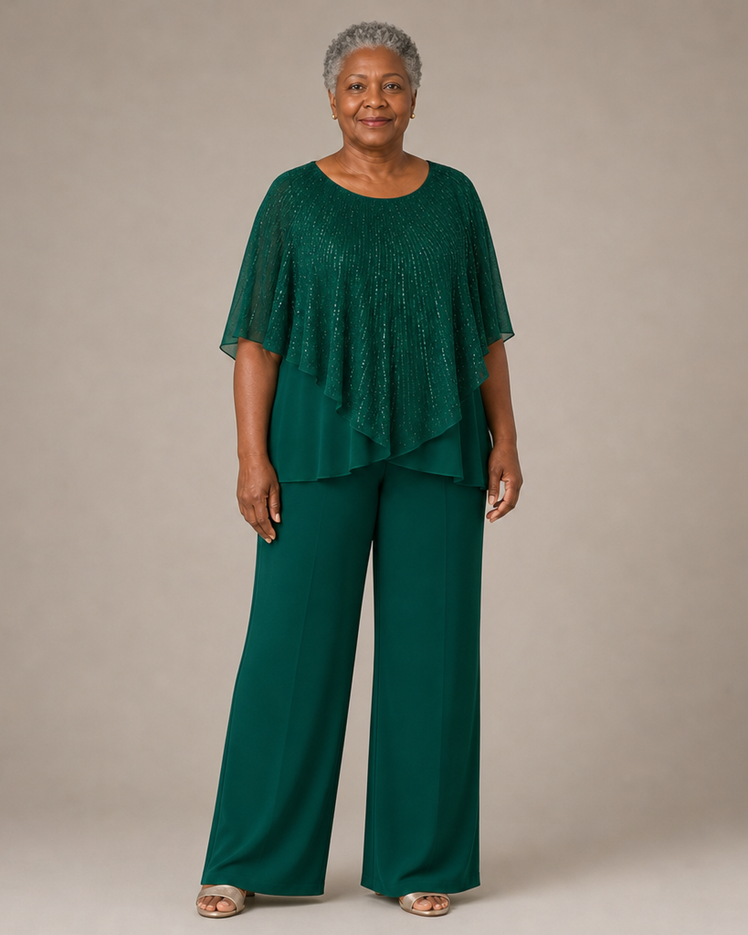 Sequin Capelet Chiffon Pant Suit with Wide-Leg Pants