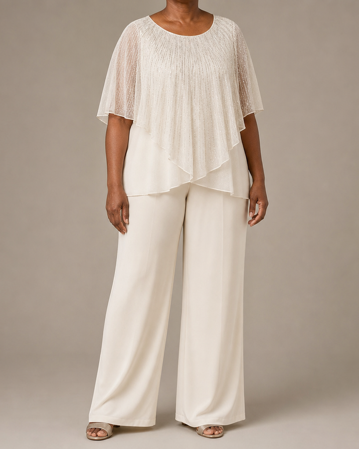 Sequin | Capelet Chiffon Pant Suit with Wide-Leg Pants
