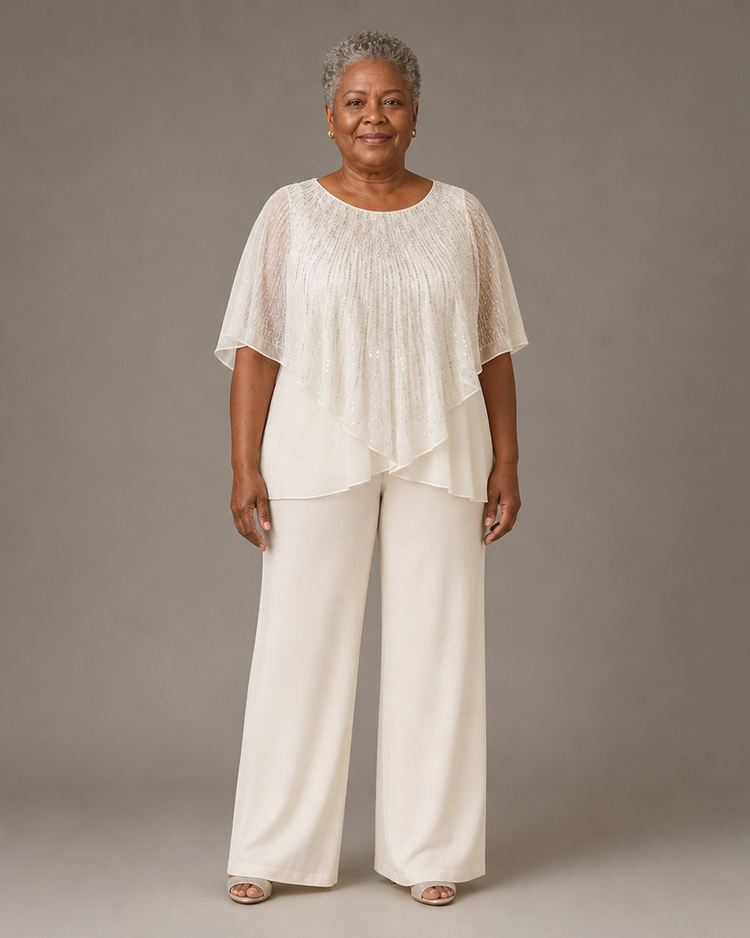 Sequin Capelet Chiffon Pant Suit with Wide-Leg Pants