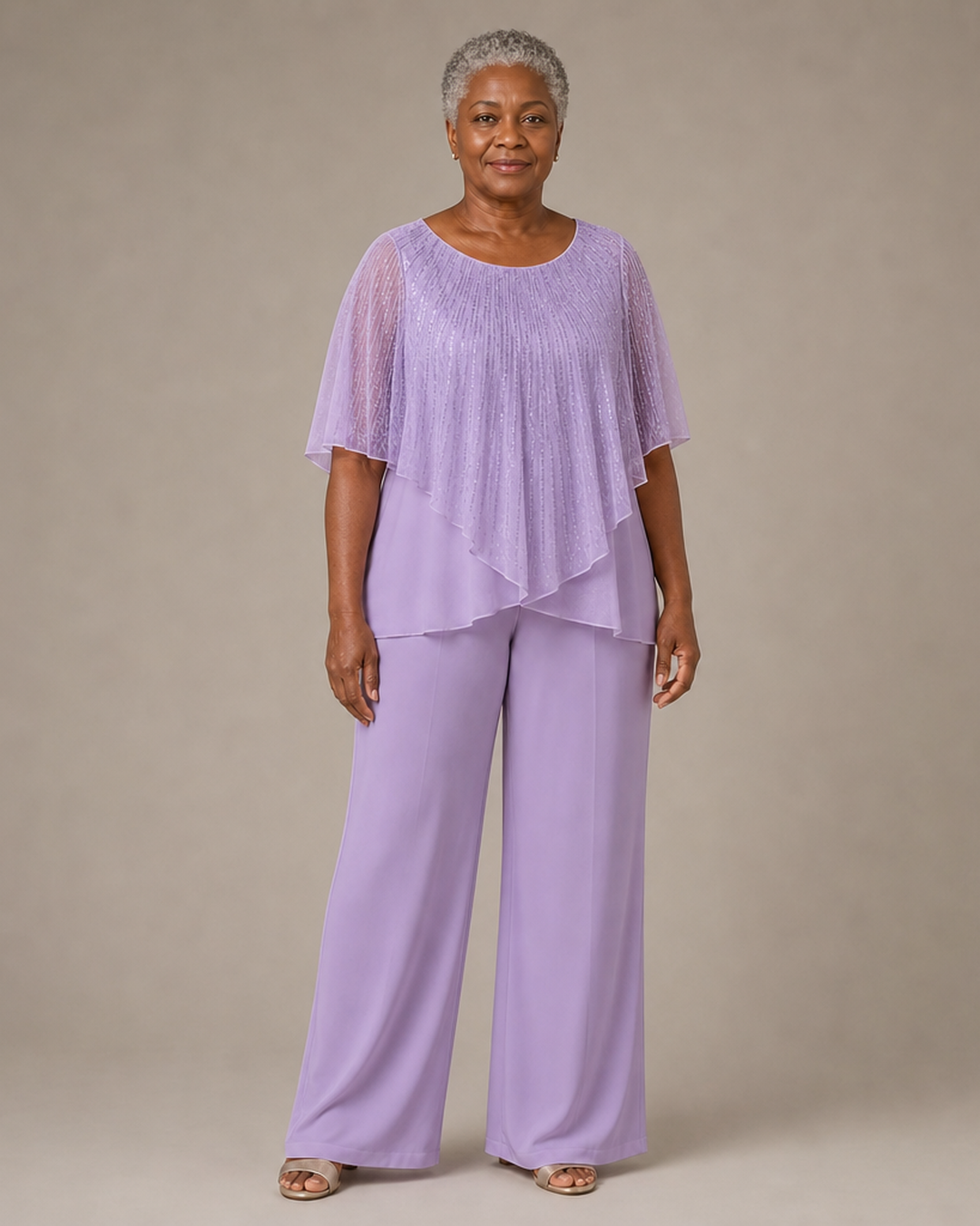 Sequin Capelet Chiffon Pant Suit with Wide-Leg Pants