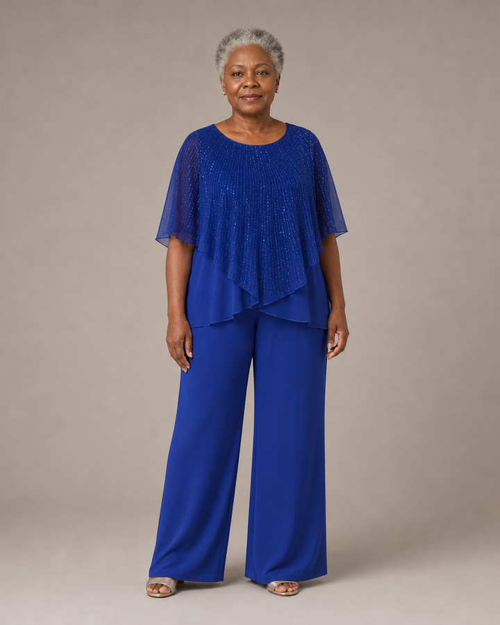 Sequin Capelet Chiffon Pant Suit with Wide-Leg Pants