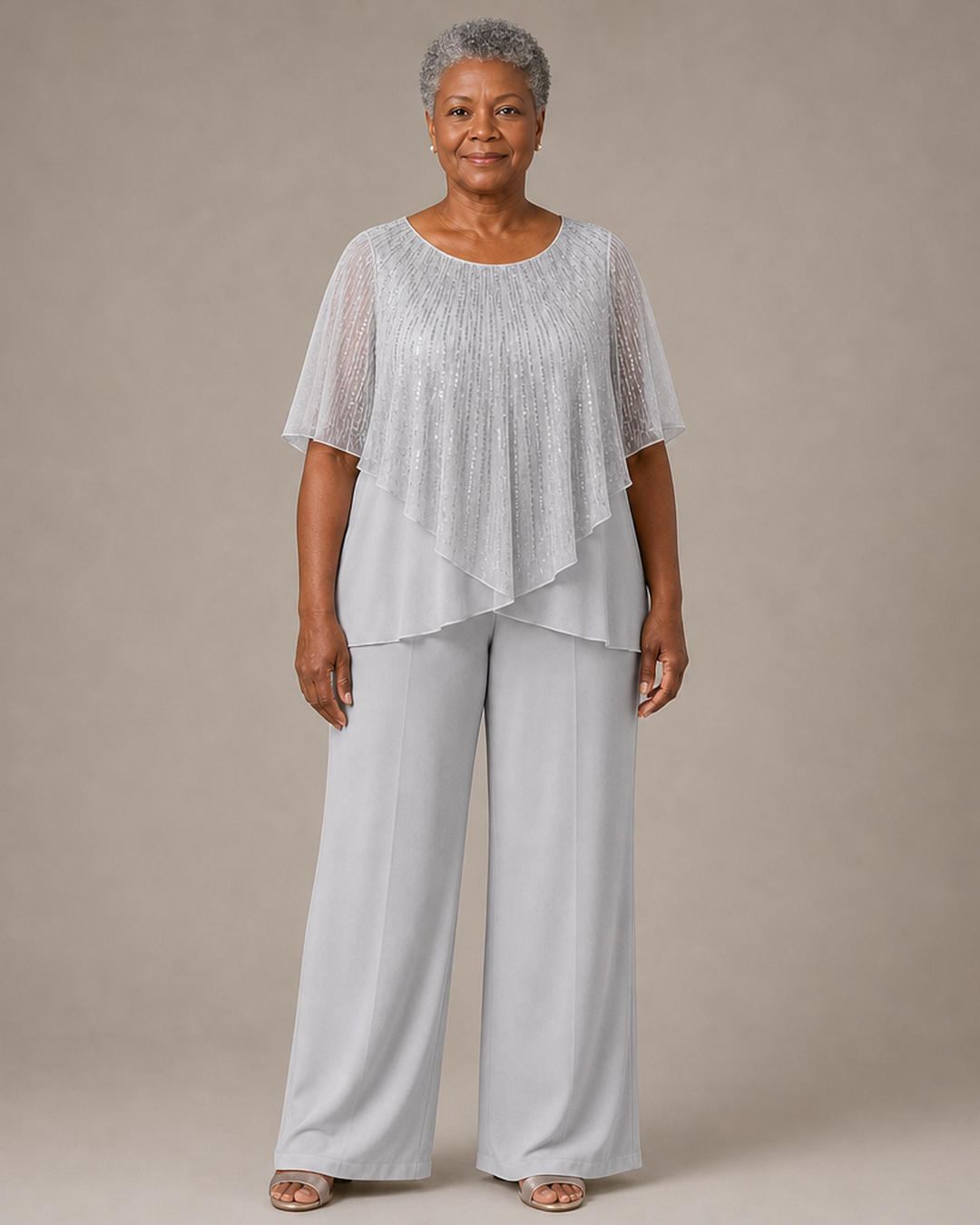 Sequin Capelet Chiffon Pant Suit with Wide-Leg Pants