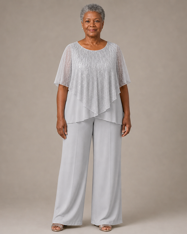 Sequin Capelet Chiffon Pant Suit with Wide-Leg Pants