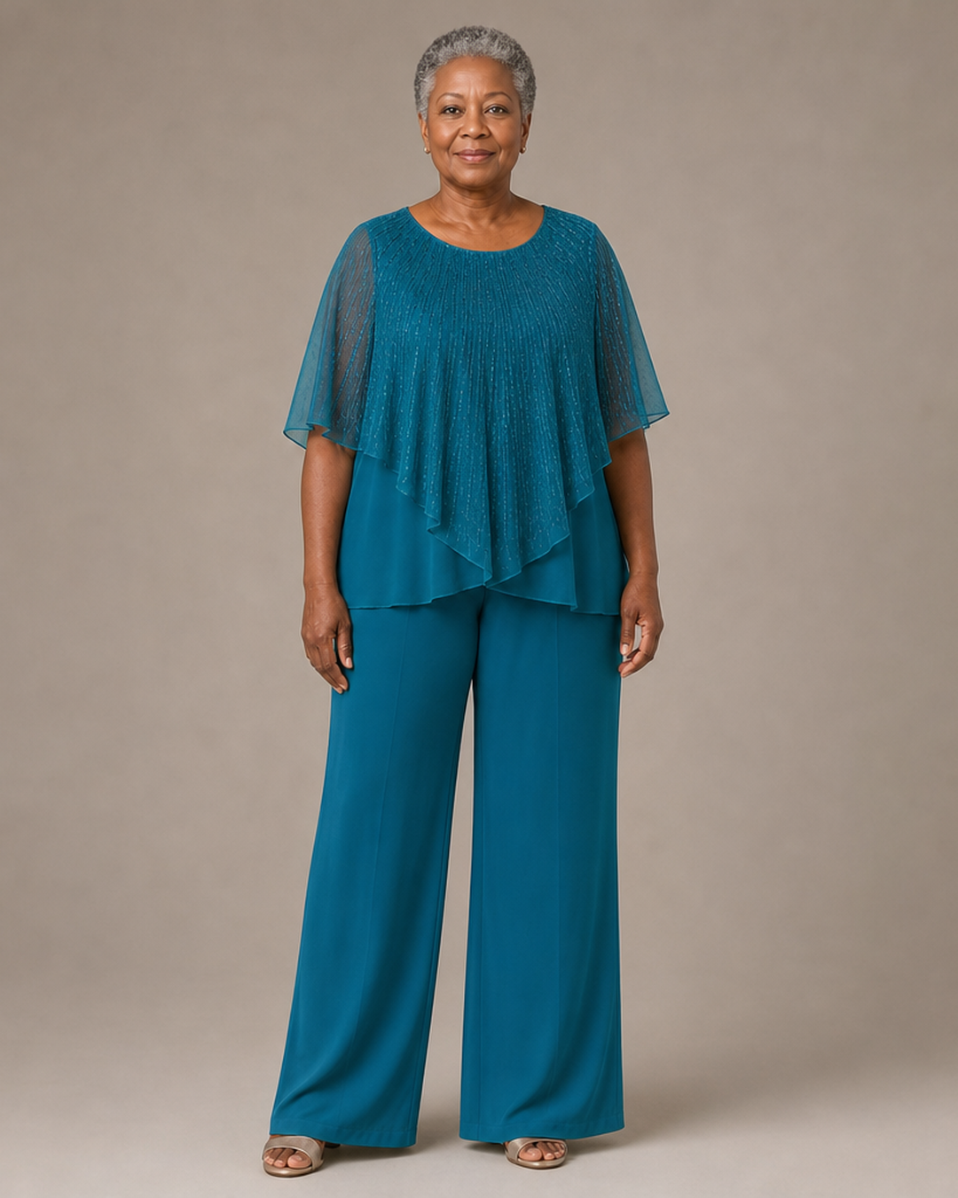 Sequin Capelet Chiffon Pant Suit with Wide-Leg Pants