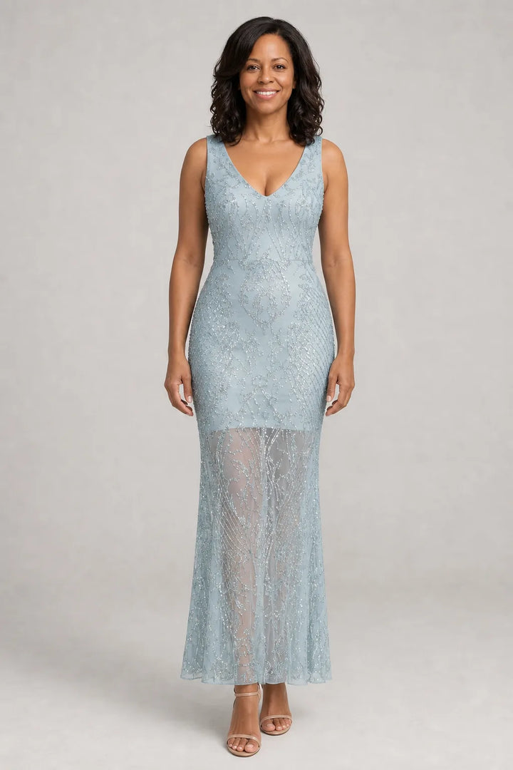 Sirea | Sequin Sleeveless Sheer Panel Midi Dress — Sky blue