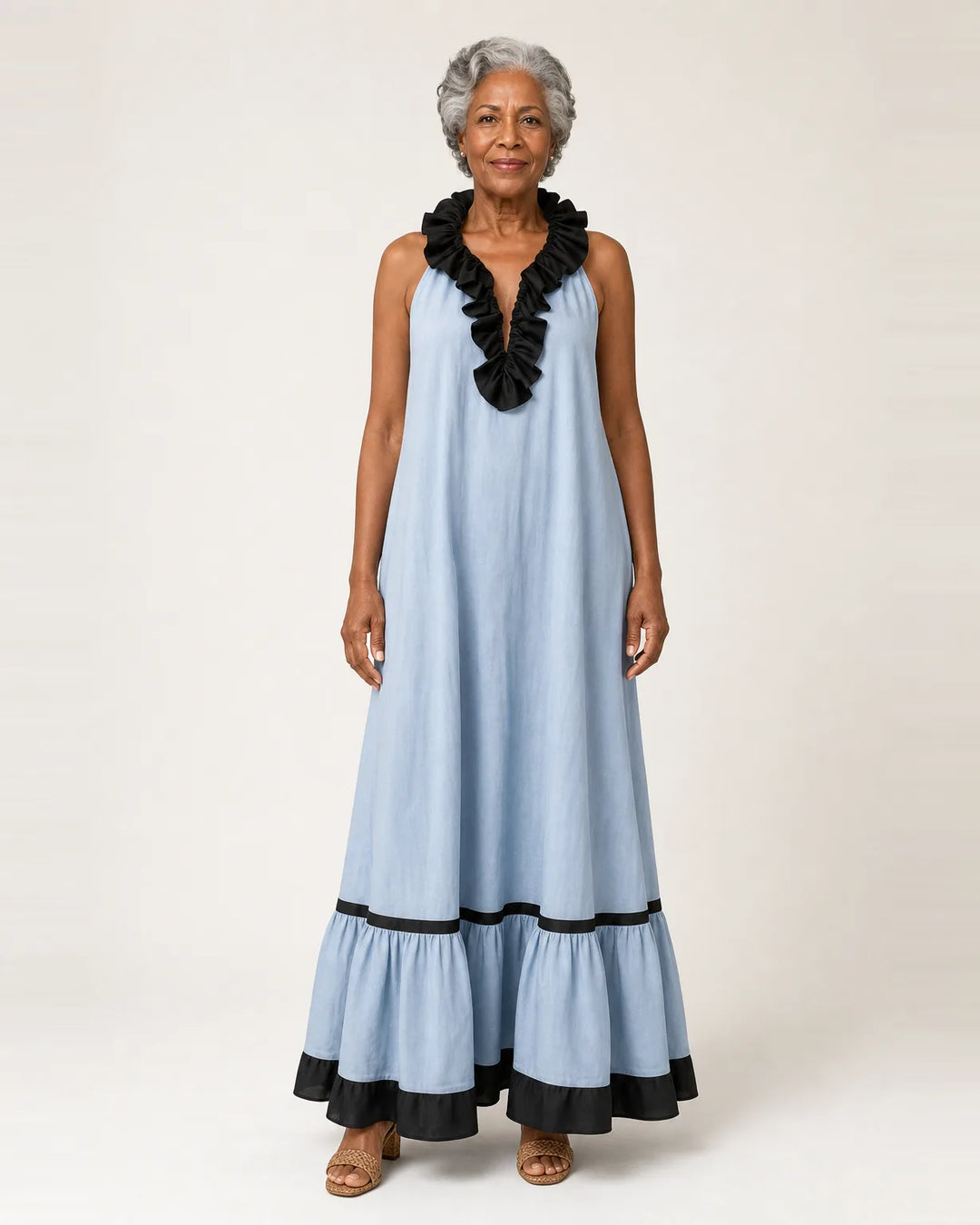 Mayline | Sleeveless Ruffle-Neck Contrast-Trim Maxi Dress — Sky Blue