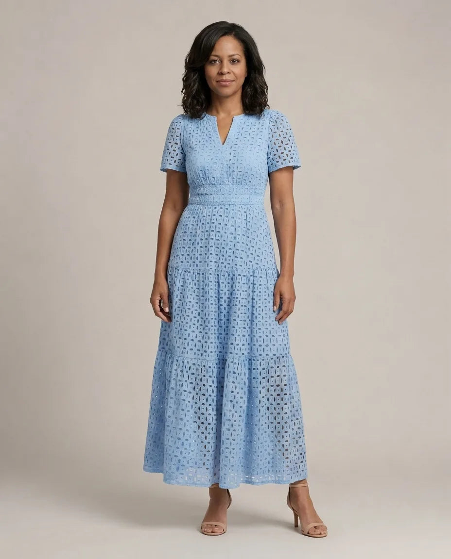 Brielle | V Neck Short Sleeve Tiered Midi Dress
