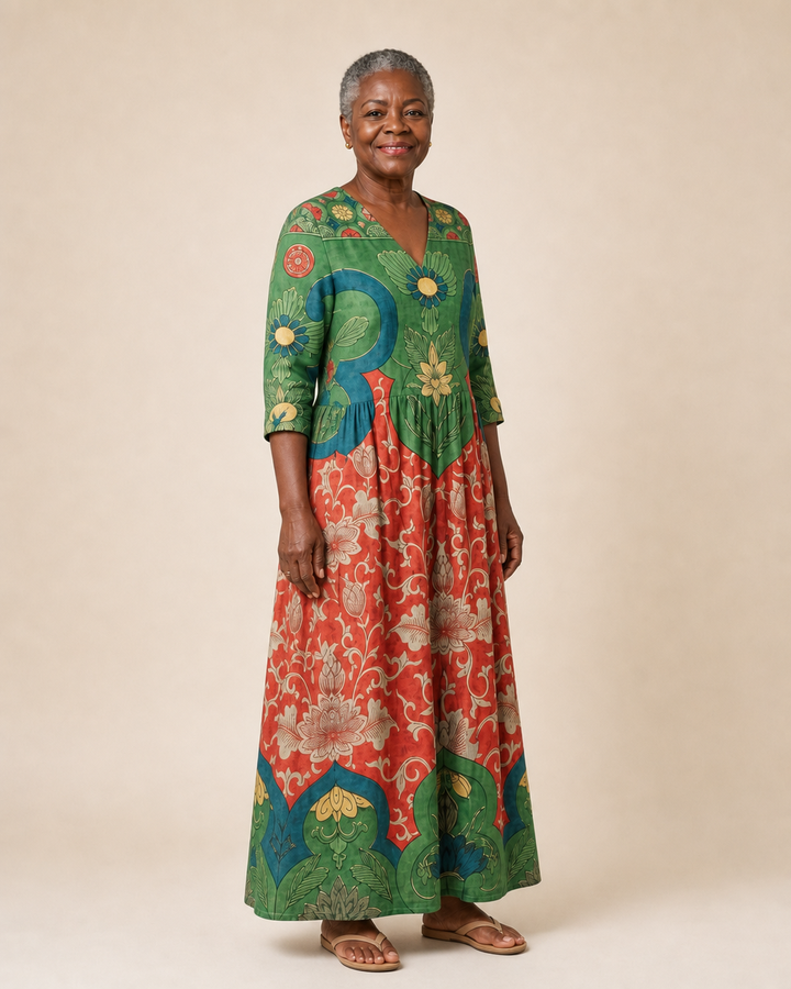 Adelina | Garden Folk Print Midi Dress