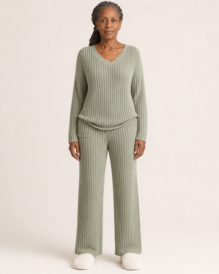 Sofia Ribbed V-Neck Top and Pants Set