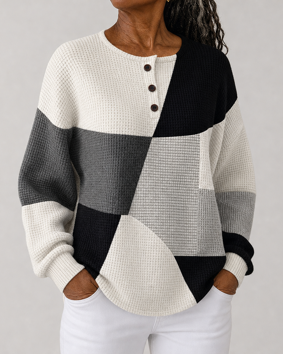 Seretha | Textured Colorblock Henley Sweatshirt