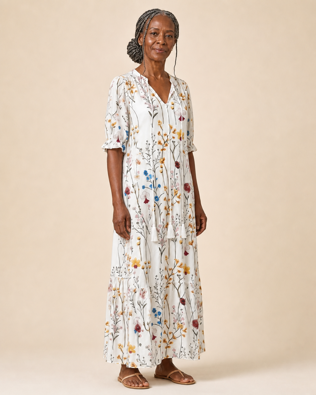Odessa | Botanical Stem Tassel-Tie Midi Dress