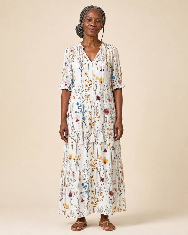 Odessa | Botanical Stem Tassel-Tie Midi Dress