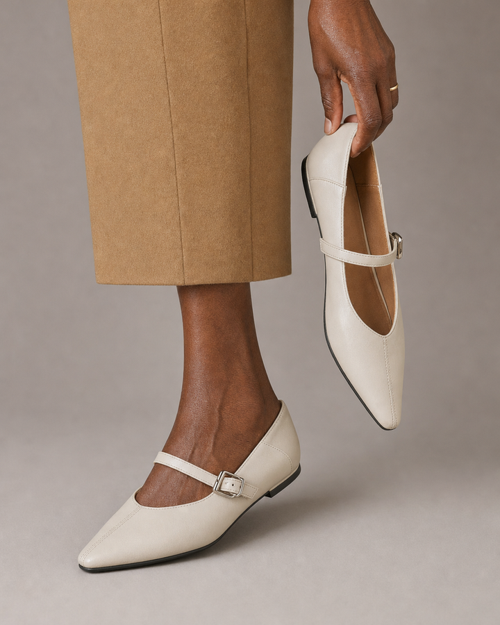 Kathryn | Pointed-Toe Mary Jane Flats - Cream