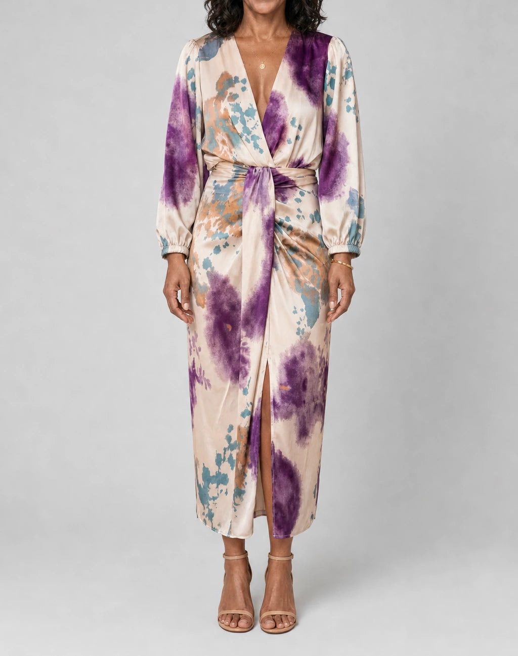 Valeria Tummy Flattering Satin Wrap Midi Dress