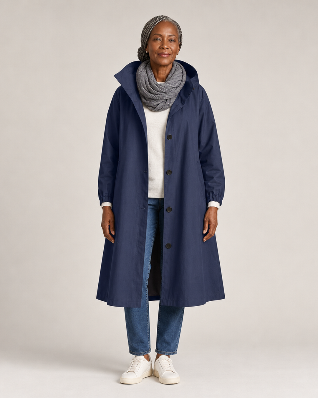Verna | Hooded Trench Coat - Navy Blue