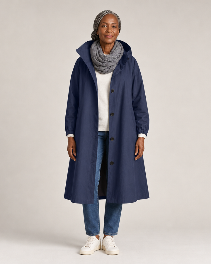 Verna | Hooded Trench Coat - Navy Blue