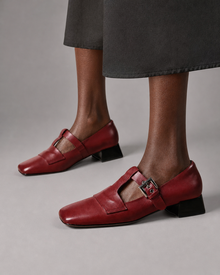 Irene | Genuine Leather Heels - Wine Red