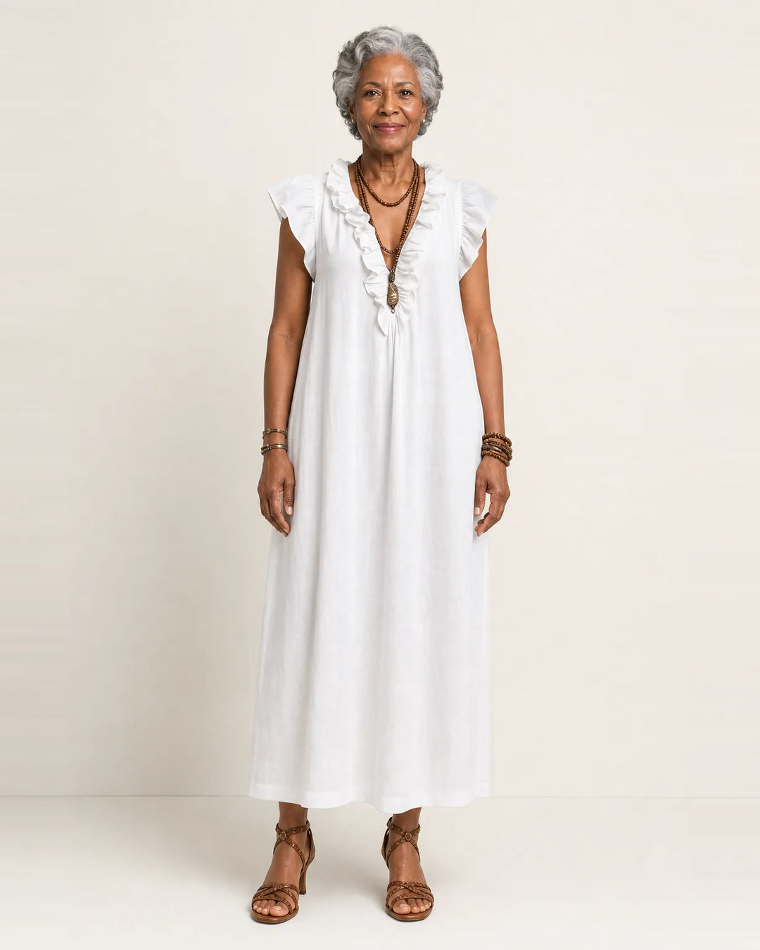 Josette | Ruffle V-Neck Linen Maxi Dress — White