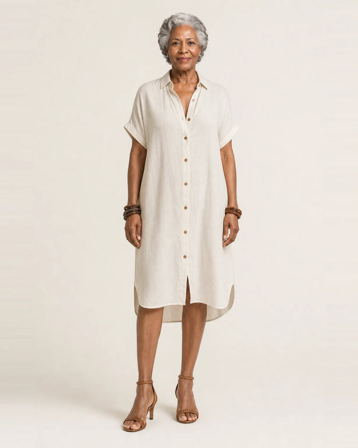 Nidalie | Cotton-Linen Midi Shirt Dress with Rolled Cuffs — White