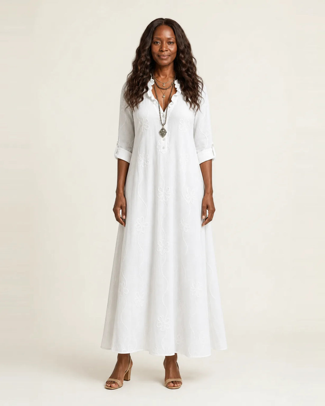 Mariam | Cotton-Linen Maxi Dress with Tonal Floral Embroidery — White