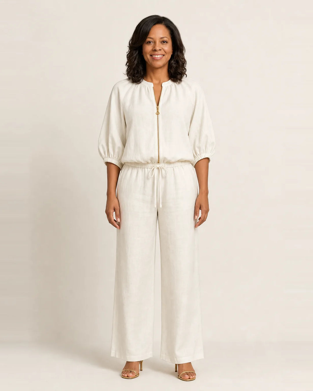 Marlowe | Zipper-Front Puff Sleeve Set — White