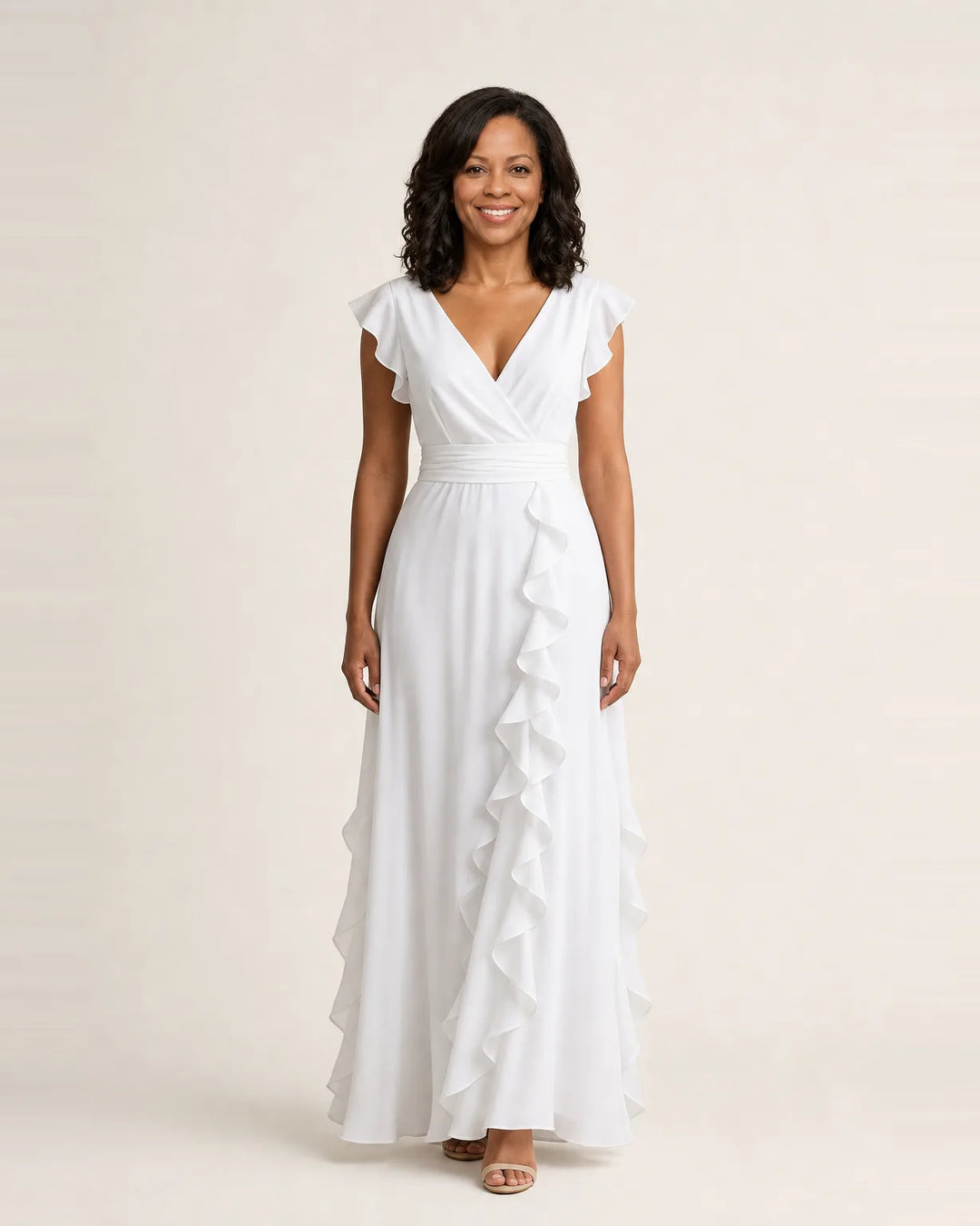 Nellyana | Wrap-Style V-Neck Flutter-Sleeve Cascading Ruffle Maxi Dress — White