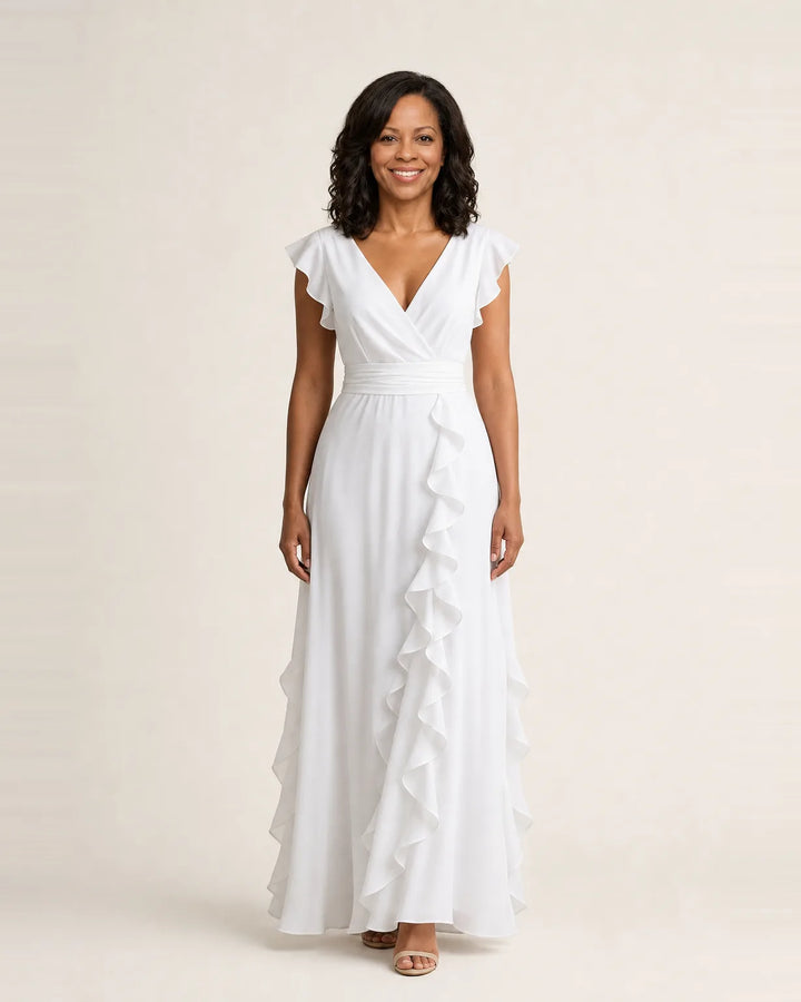 Nellyana | Wrap-Style V-Neck Flutter-Sleeve Cascading Ruffle Maxi Dress — White