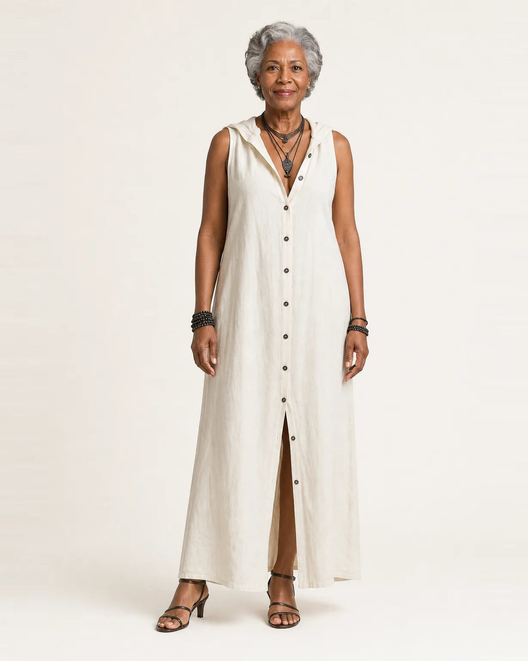 Mirabell | Hooded Button-Front Sleeveless Linen Maxi Dress — White