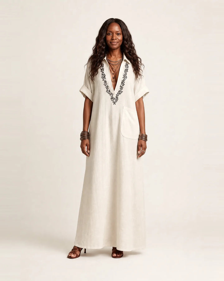 Amarina | Embroidered V-Neck Collar Linen Maxi Dress — White