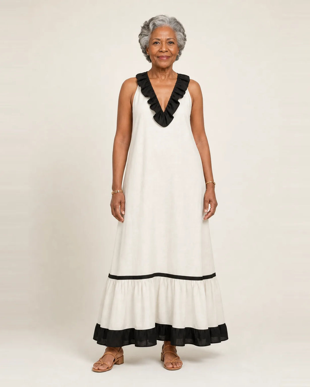 Mayline | Sleeveless Ruffle-Neck Contrast-Trim Maxi Dress — White