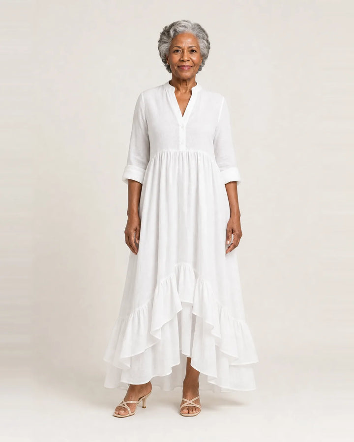 Jilana | Stand-Collar Button-Front Ruffle Hem Maxi Dress — White