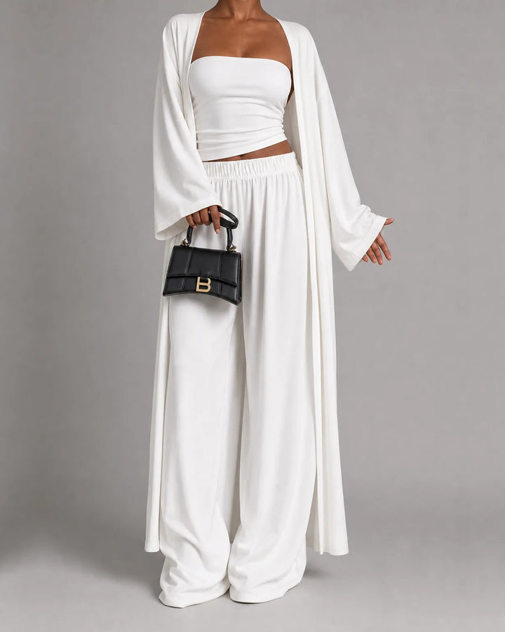 Amira | Strapless Top & Wide-Leg Set with Cardigan