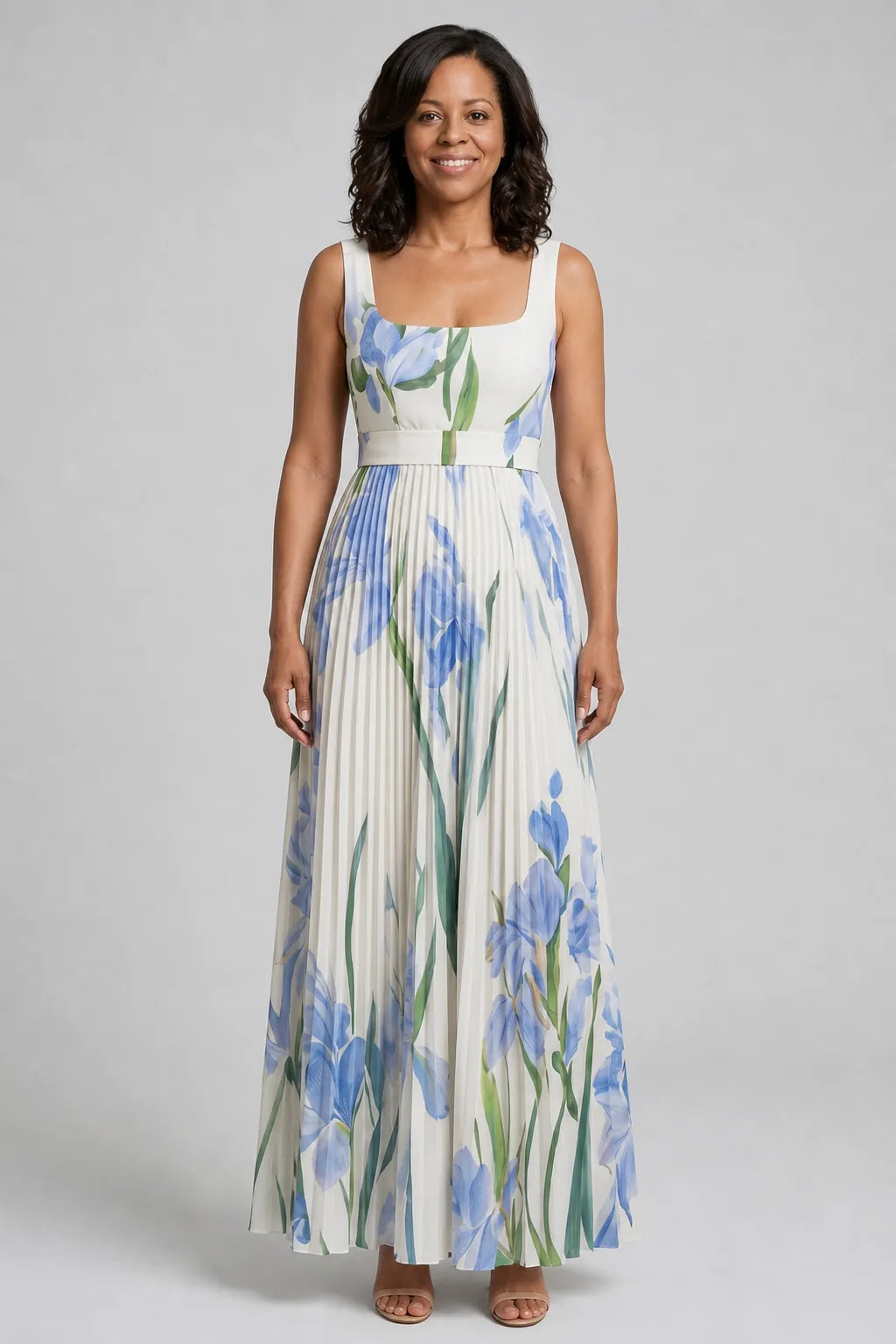 Ophelia | Sleeveless Square Neck Floral Print Midi Dress — White