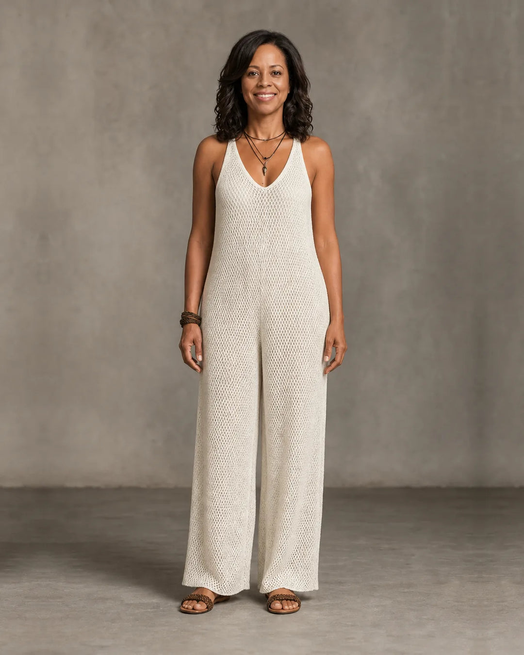 Aaliyah | Bohemian Relaxed Sleeveless Wide-Leg Olive Knit Maxi Dress