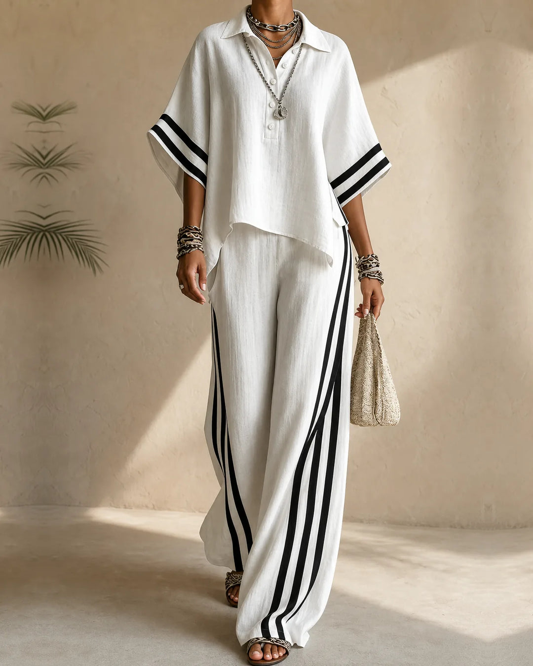 Naima | Polo Collar Top & Side-Stripe Wide-Leg Set