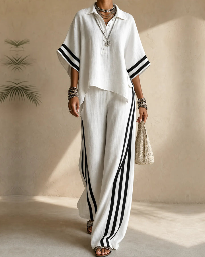 Naima | Polo Collar Top & Side-Stripe Wide-Leg Set
