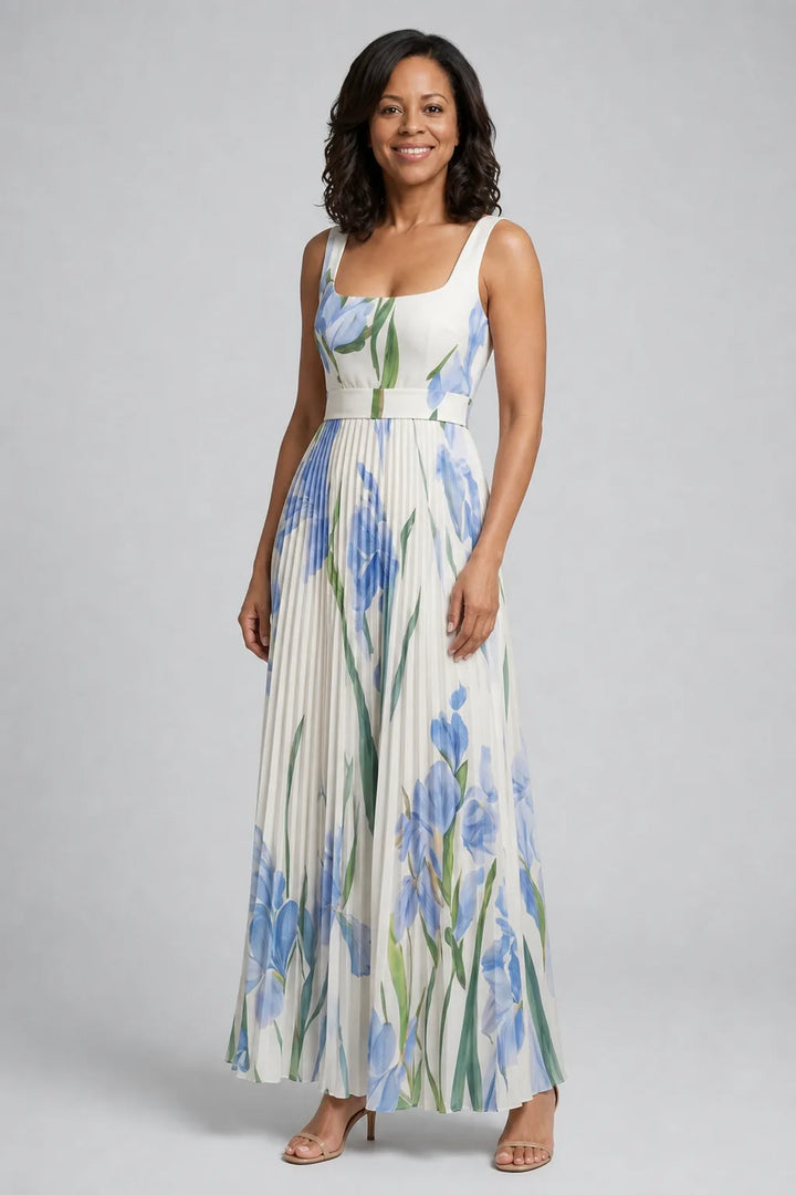 Ophelia | Sleeveless Square Neck Floral Print Midi Dress — White