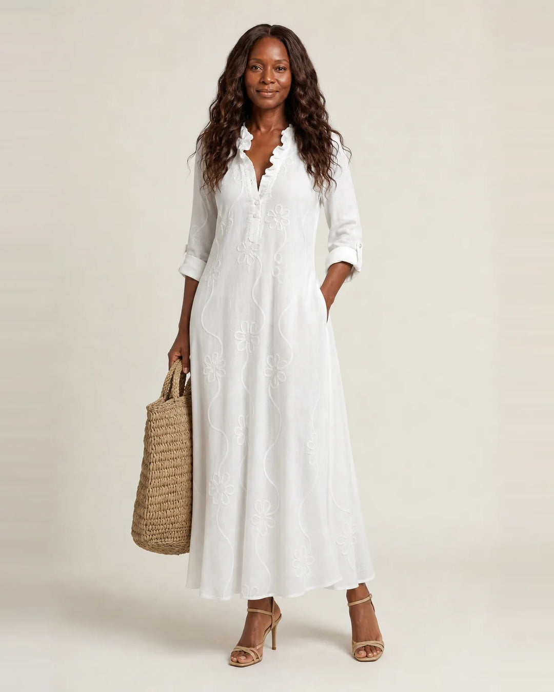 Mariam | Cotton-Linen Maxi Dress with Tonal Floral Embroidery — White