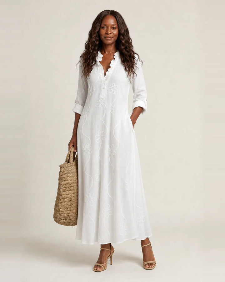 Mariam | Cotton-Linen Maxi Dress with Tonal Floral Embroidery — White