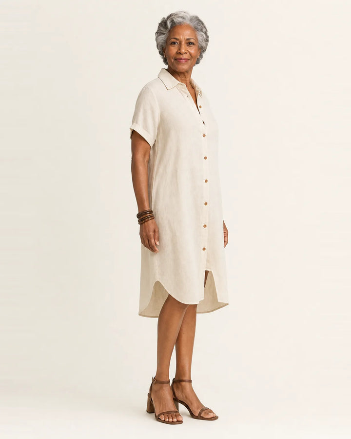 Nidalie | Cotton-Linen Midi Shirt Dress with Rolled Cuffs — White