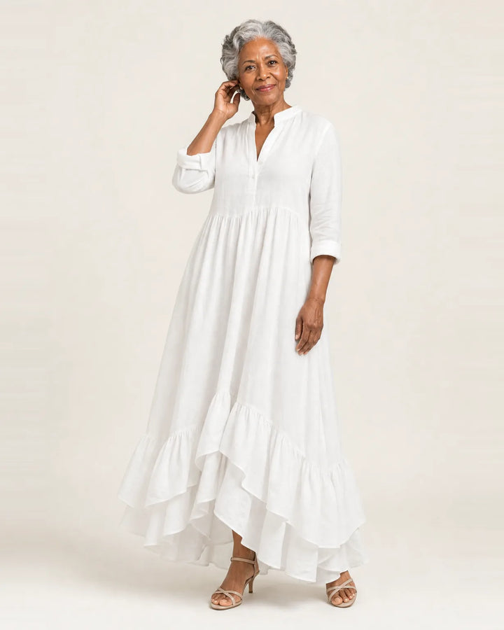 Jilana | Stand-Collar Button-Front Ruffle Hem Maxi Dress — White