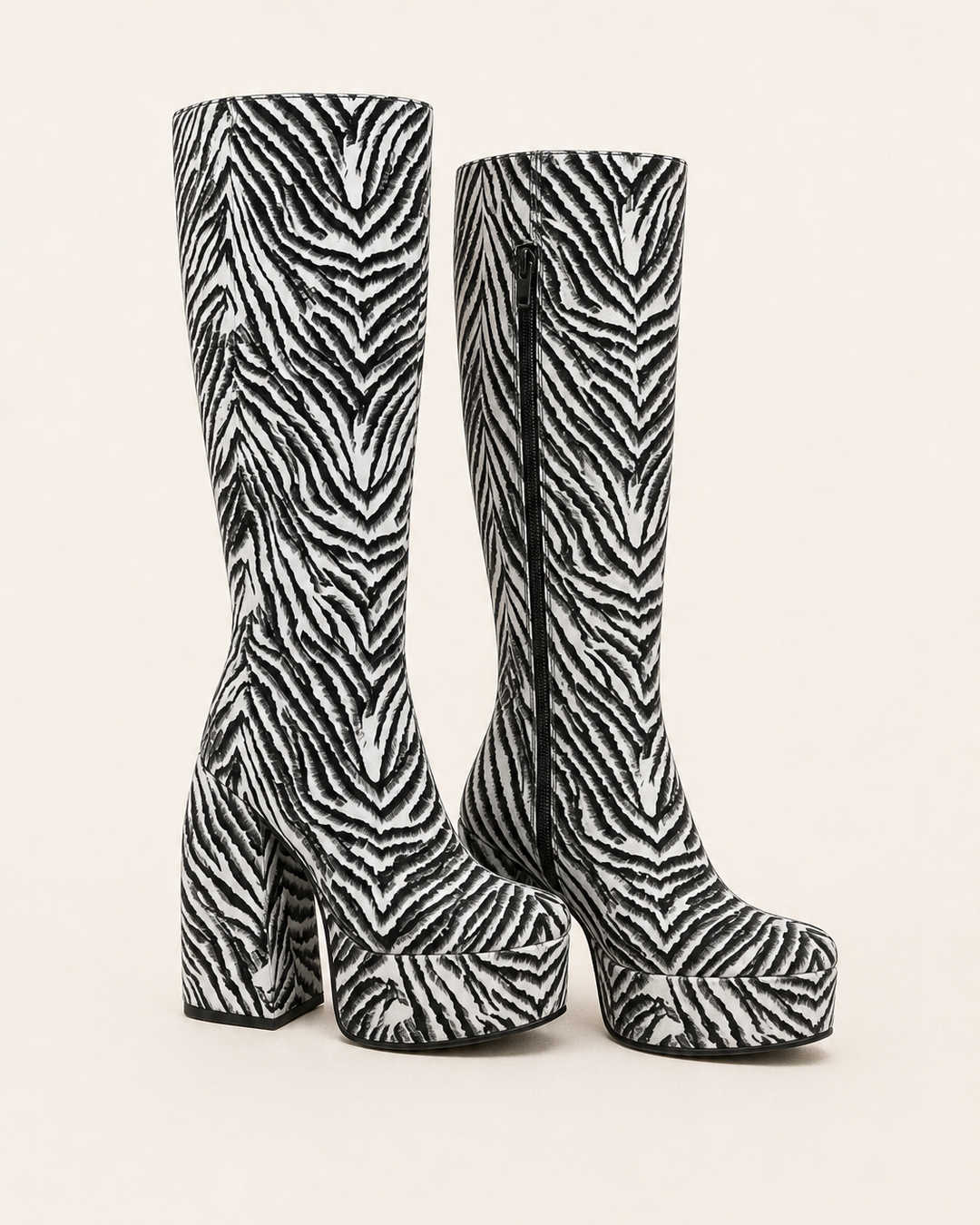 Jolie | High Block-heel Platform Knee Boot in Bold Prints in tiger print