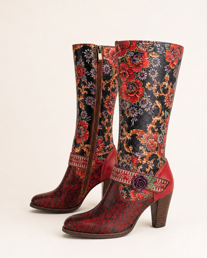 Cecile | Floral Block-heel Knee-high Boot with Side Zip in red floral