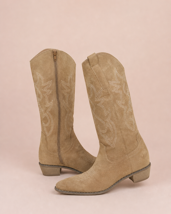 Ivy | Embroidered Western Knee-high Boot with Inner Zip in khaki