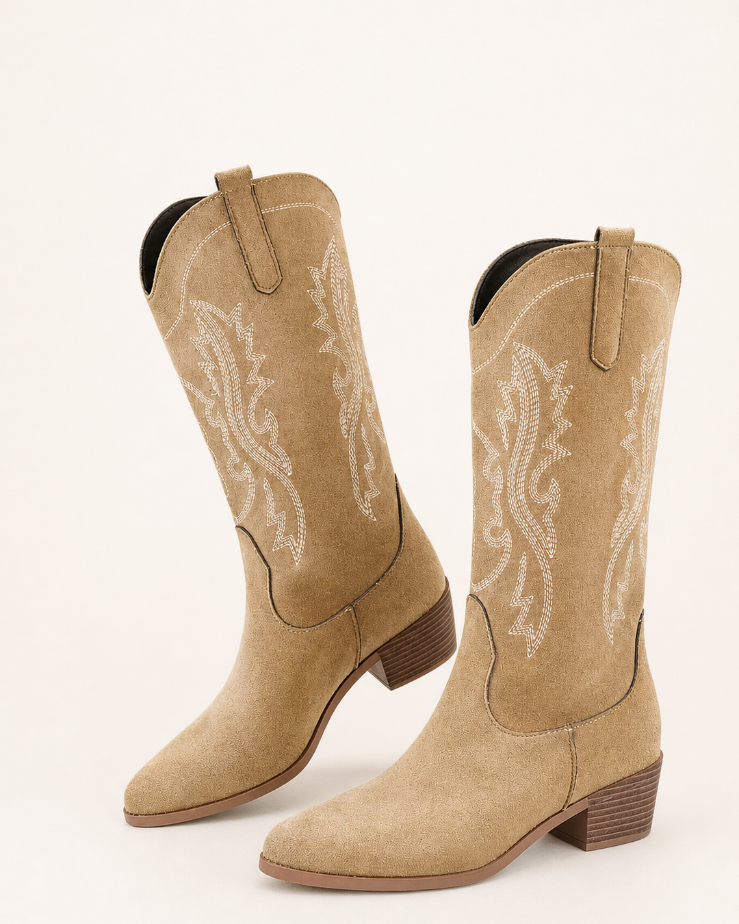 Anika | Wide-shaft Stacked-heel Embroidered Western Boot in sepia
