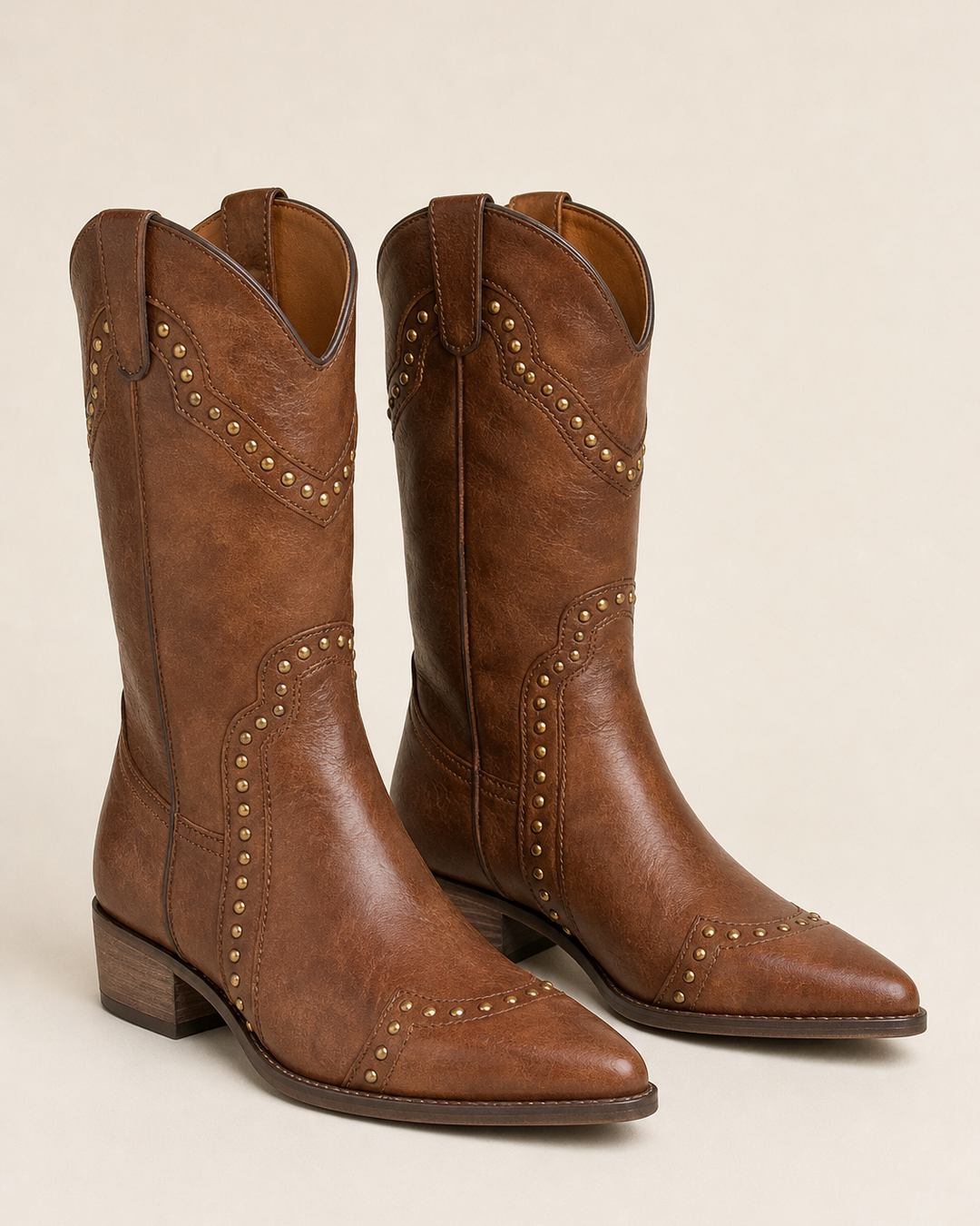 Hester | Studded Western Pull-on Knee-high Boot in vintage brown